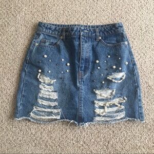 Forever 21 Denim Distressed Beaded Womens Skirt Size S